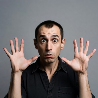 Man with hands raised in surprise