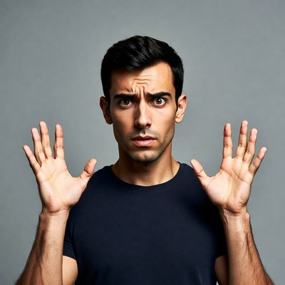 Man raising hands surprised expression