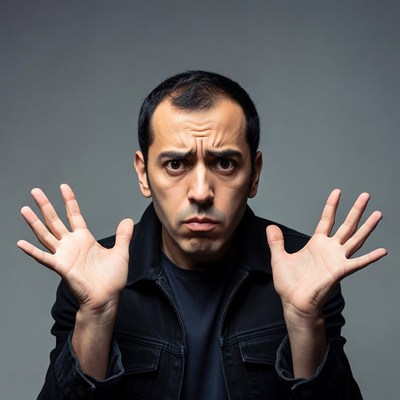 Man with hands raised expressively