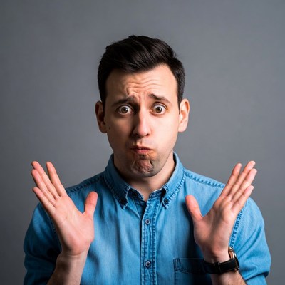 Man with surprised expression shrugging