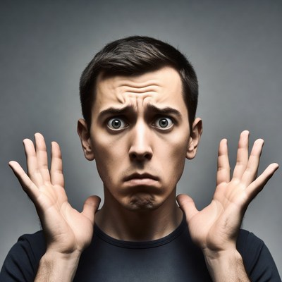 Man with surprised expression raising hands