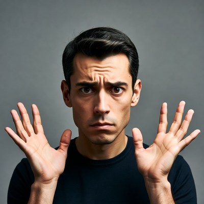 Man raising hands in surprise