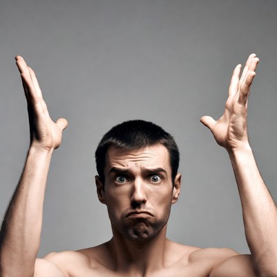 Man raising hands with surprised expression