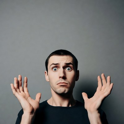 Man raising hands in surprise