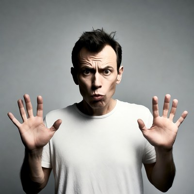 Man with hands raised in surprise