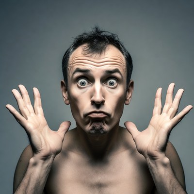 Man with wide eyes and raised hands