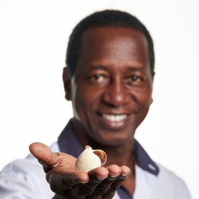 African-American man holding seashell