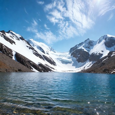 Turquoise Lake Between Snowy Mountains