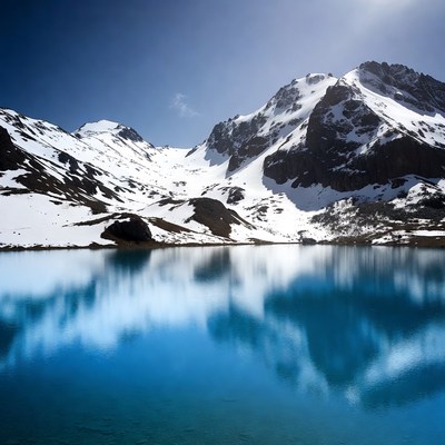 Snowy Mountains Reflecting in Blue Lake
