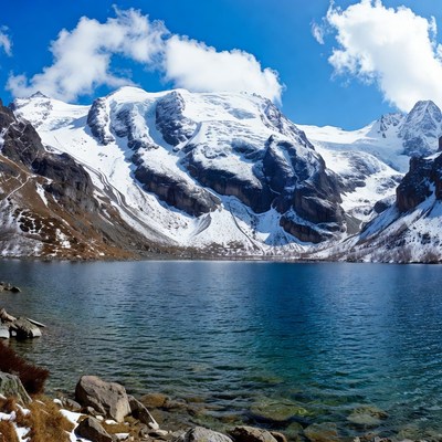 Snowy Mountains Reflecting in Alpine Lake