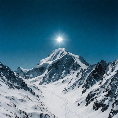 Snowy Mountain Peak with Sun