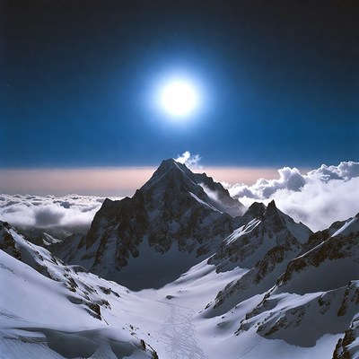 Snowy Mountain Peak with Sun Above Clouds