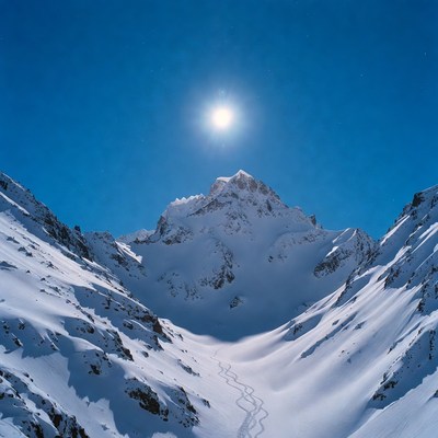 Snowy Mountain Peak with Sun