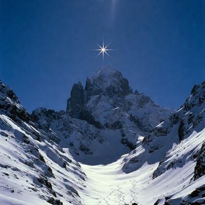 Snowy Mountain Peak with Starry Sun