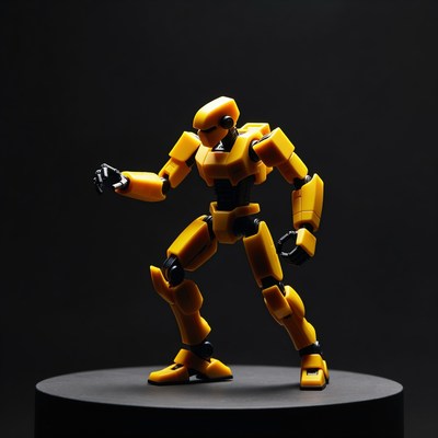 Yellow robot action pose on stand