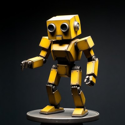 Yellow blocky robot on stand