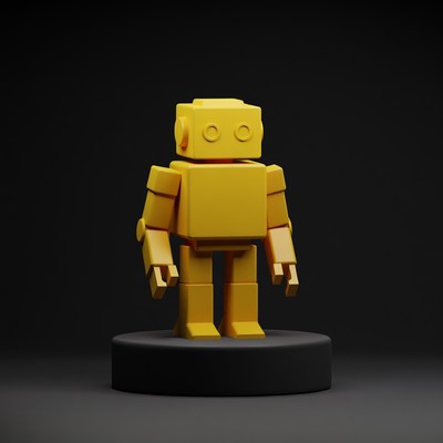 Yellow 3D Block Robot on Pedestal