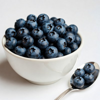 Blueberries in white bowl with spoon