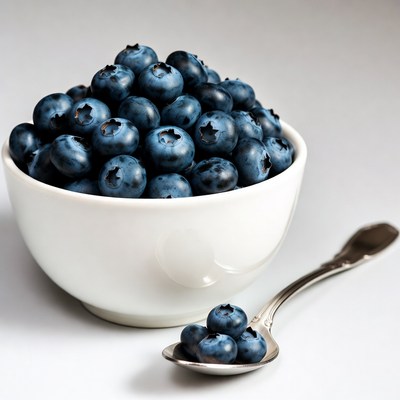 Blueberries in White Bowl with Spoon