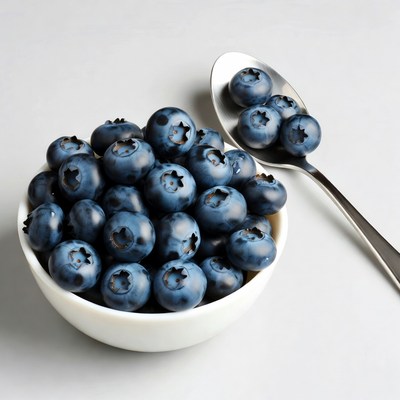 Blueberries in white bowl with spoon