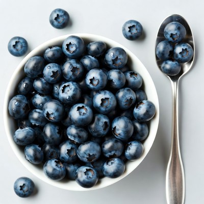 Blueberries in white bowl with spoon
