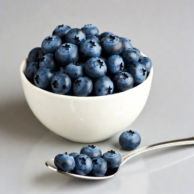 Blueberries in white bowl with spoon
