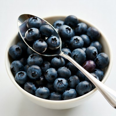 Spoon of Blueberries in White Bowl