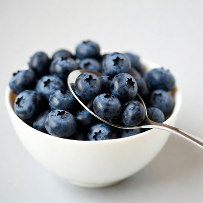 Blueberries in white bowl with spoon