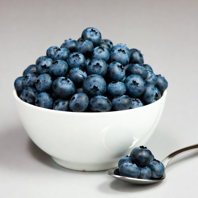 Blueberries in white bowl with spoon