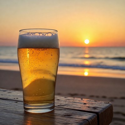 Beer Glass at Beach Sunset
