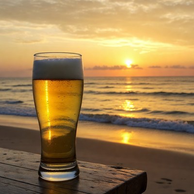 Beer Glass on Beach at Sunset