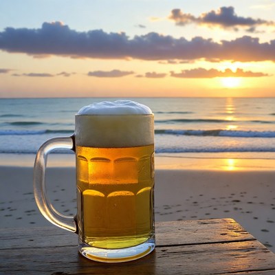 Beer Glass on Beach at Sunset