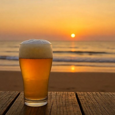Beer Glass at Beach Sunset