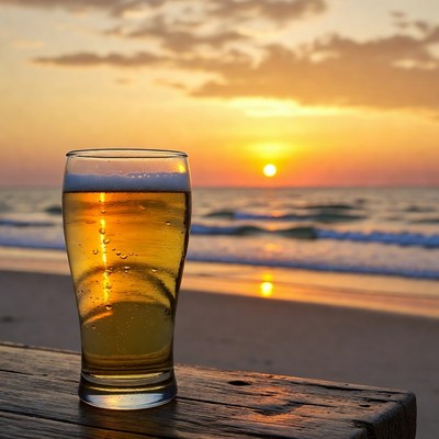 Beer Glass at Beach Sunset
