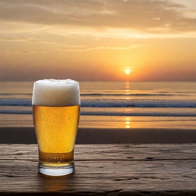 Beer glass on beach at sunset