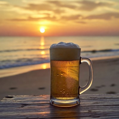 Beer Glass at Beach Sunset