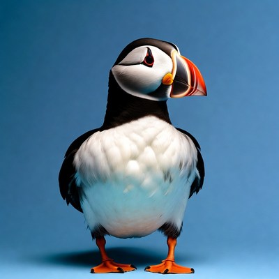 Puffin standing on blue background