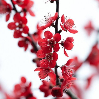 Red Plum Blossoms on Branch