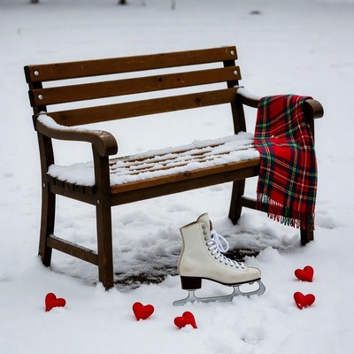 Wooden bench with skates and hearts in snow
