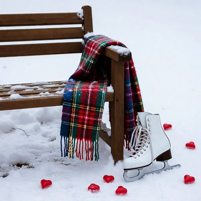 Ice Skates with Plaid Scarf on Snowy Bench
