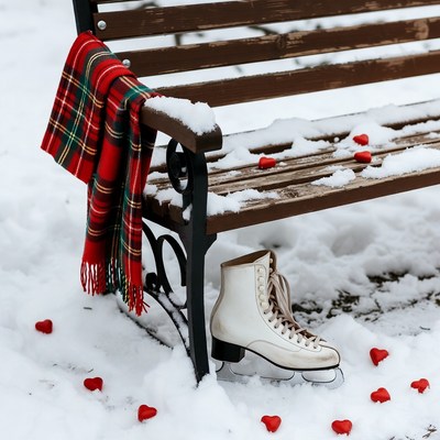 Snowy Bench with Plaid Scarf and Ice Skate