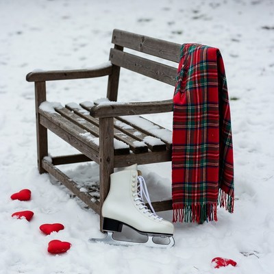 Ice Skates on Snowy Bench with Plaid Blanket