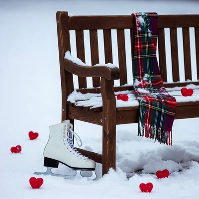 Ice Skates on Snowy Bench with Hearts