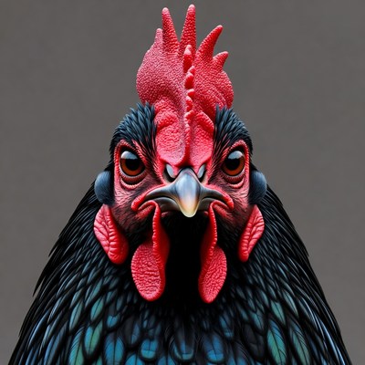 Closeup of black rooster with red comb