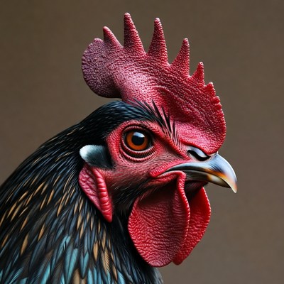 Closeup of black rooster with red comb