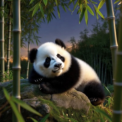 Baby panda resting on rock