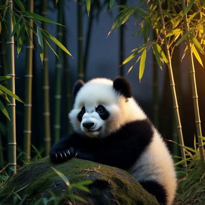 Baby panda on rock in bamboo forest