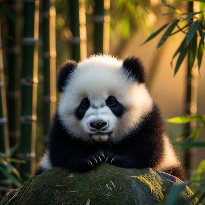 Baby panda on mossy rock
