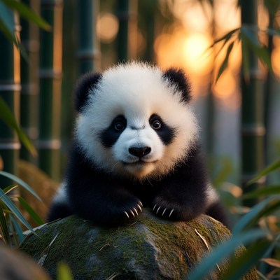 Baby panda on rock in bamboo enclosure