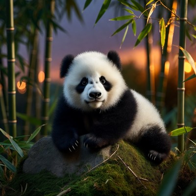 Baby panda on rock in bamboo forest